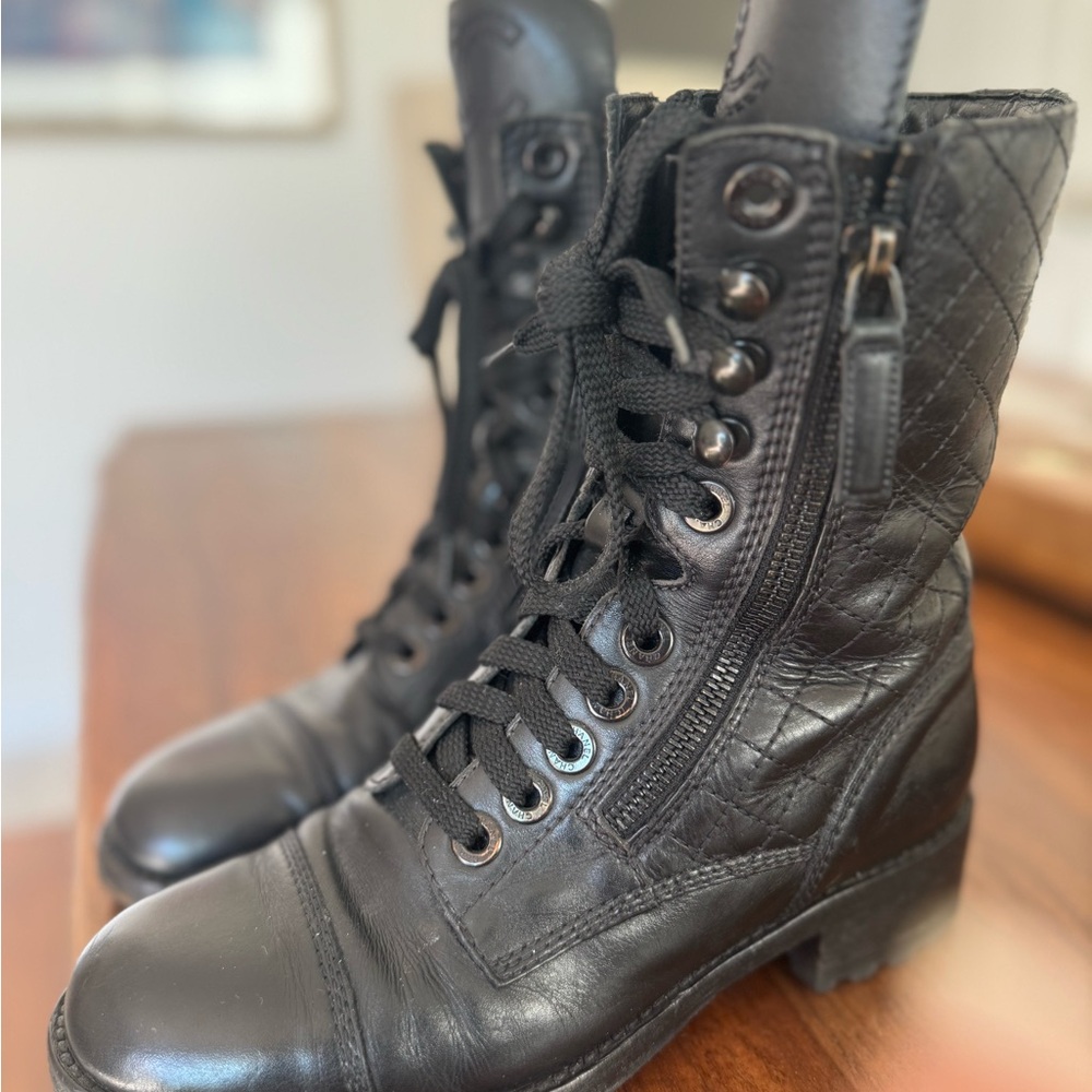 CHANEL Black Quilted Leather Combat Boots